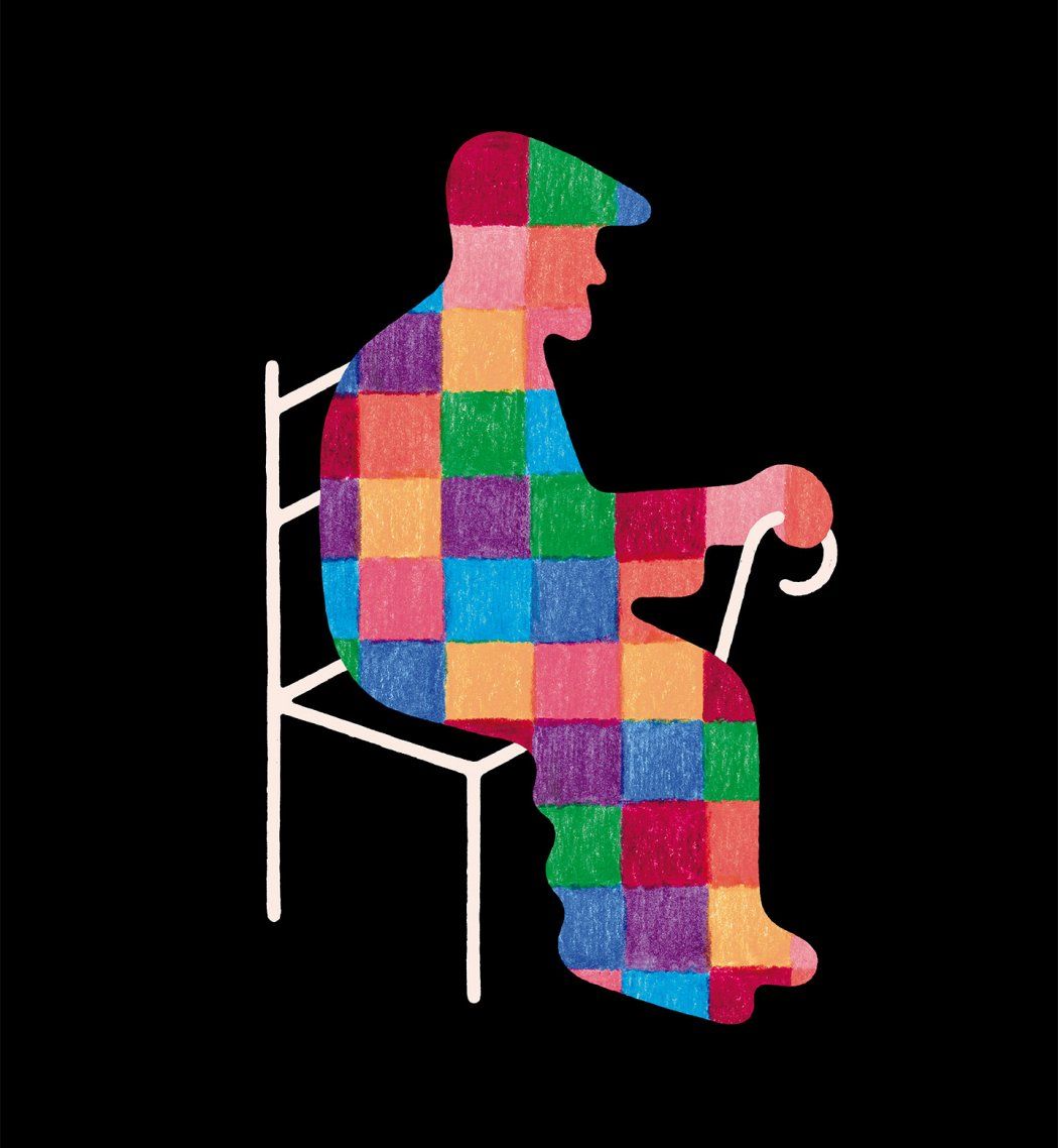 Illustration of a silhouette of an elderly man with a cane, wearing a hat; there is a patchwork of colors in the silhouette. 