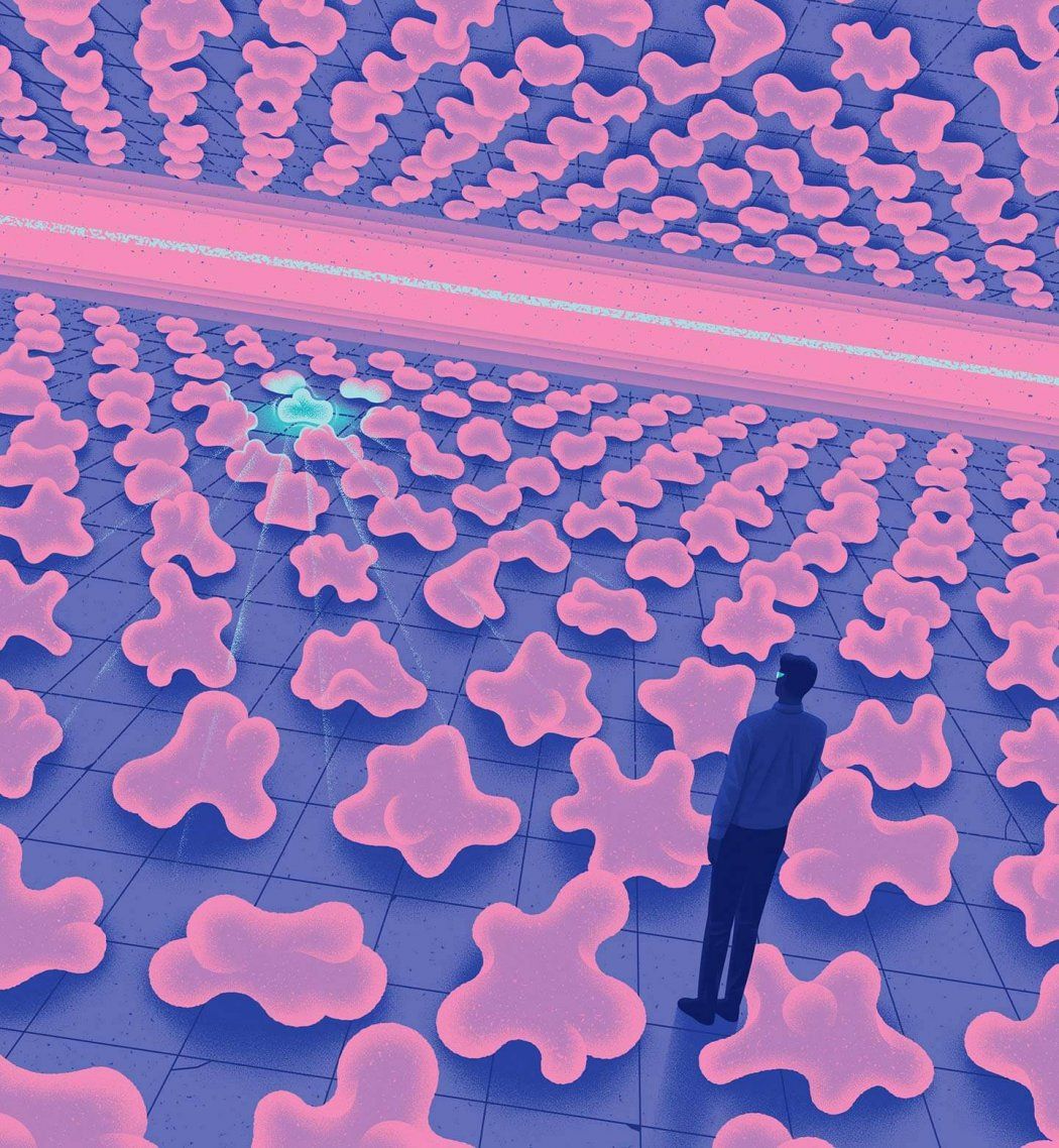 Illustration of a scientist overlooking converging planes of nanoproteins; one nanoprotein stands out in the background.