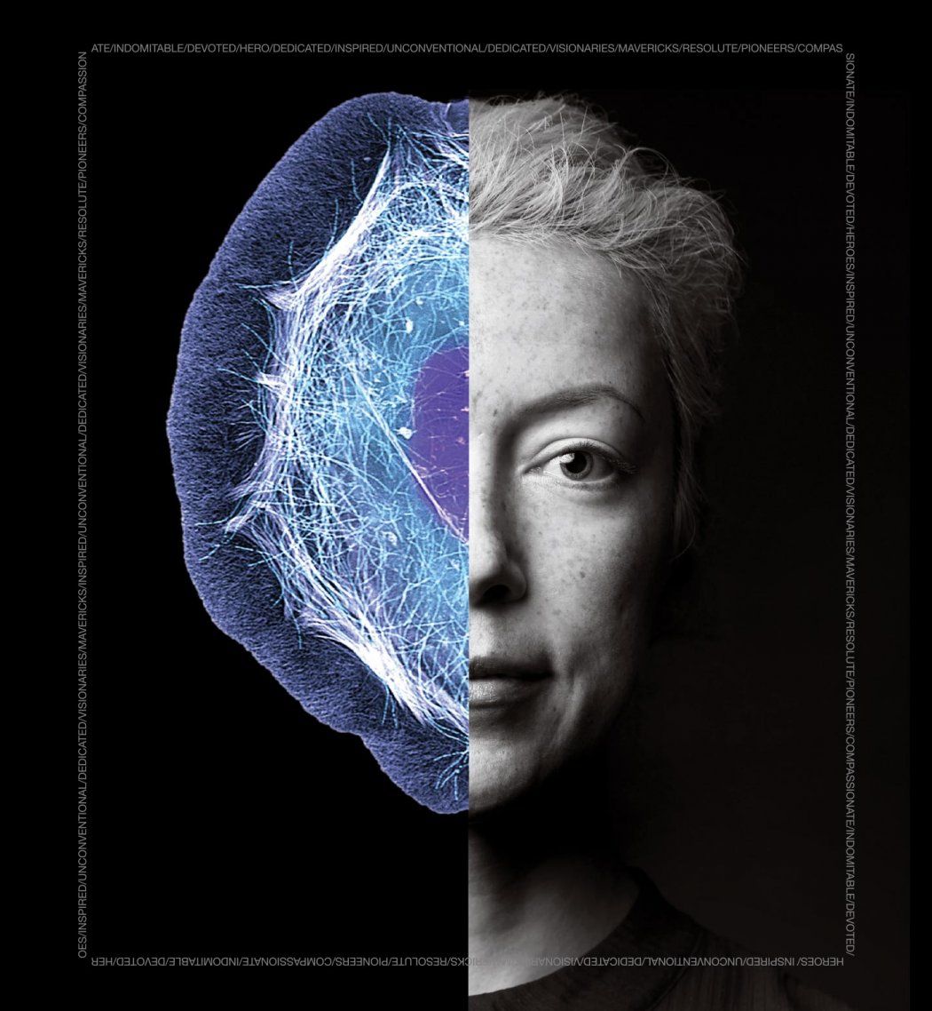 Black background with a photo split in half: the right half is a black and white portrait of a female scientist, the left half is a colorful cell image.