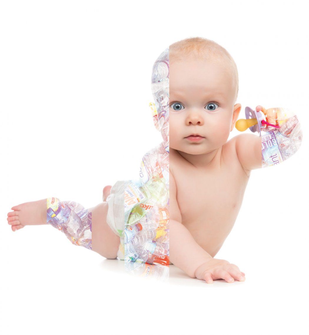 Photo of a young baby in a diaper and  pushing itself up and holding a pacifier; transparent strips of plastic water bottles lay over the baby's skin.