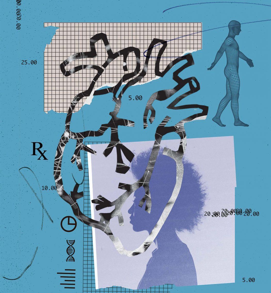 Collage photo illustration of a photo of a black woman, graph paper, charts and graphs symbols, dna symbol, Rx symbol, pen scribbles, a medical drawing of a man walking, and the anatomy of a human heart.