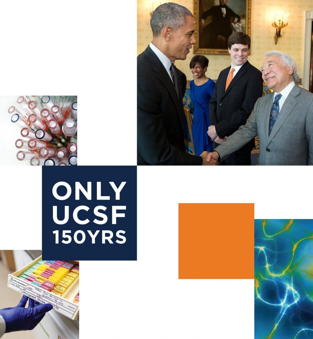 Collage of photos: samples in a lab, vials, cell image, Keith Yamamoto shaking President Barack Obama's hand, and a logo that reads "Only UCSF 150 Years"