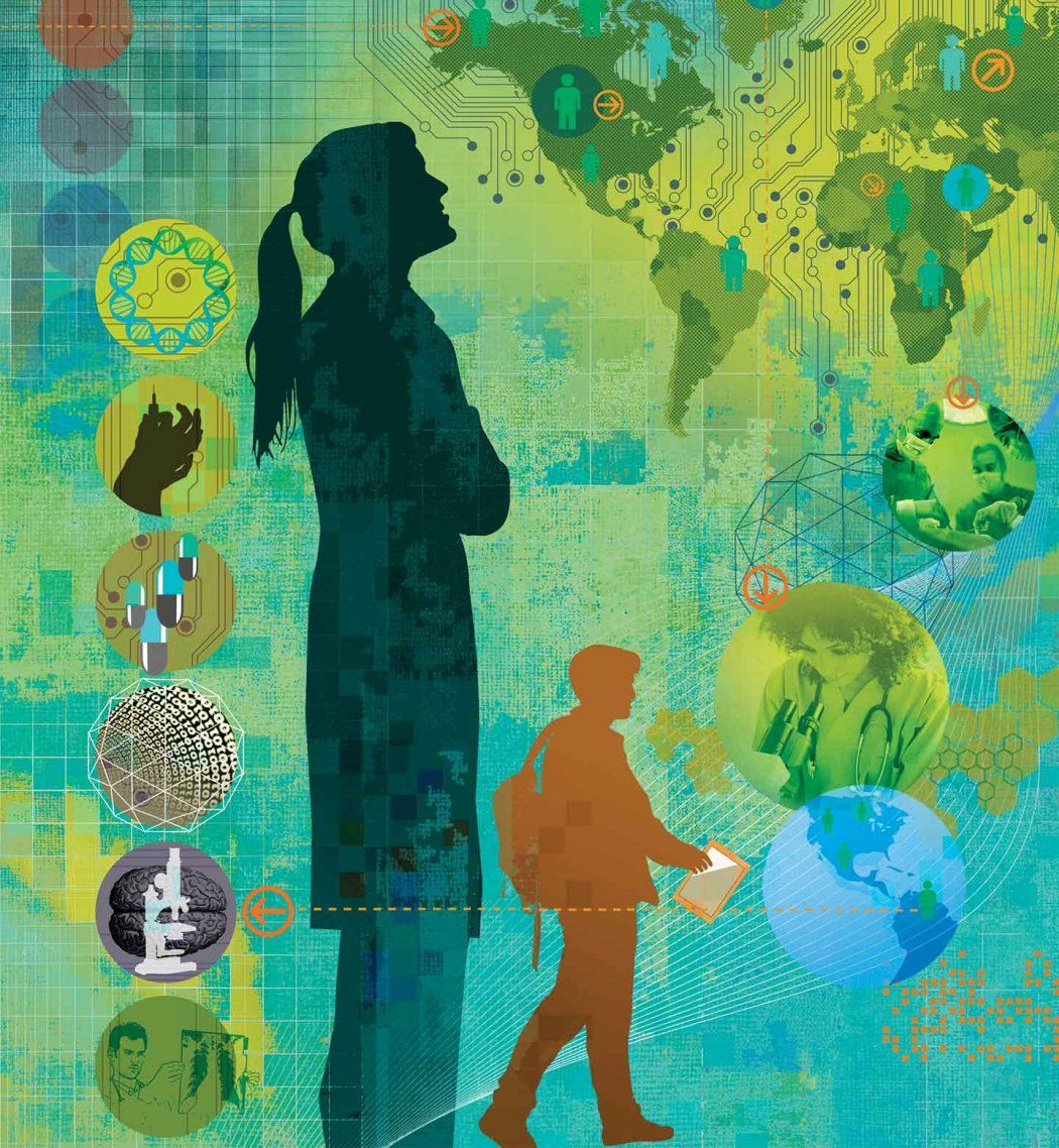 Illustration of the silhouette of a woman in a lab coat looking up at a world map with data points. A smaller figure of a student with a backpack walks forward.
