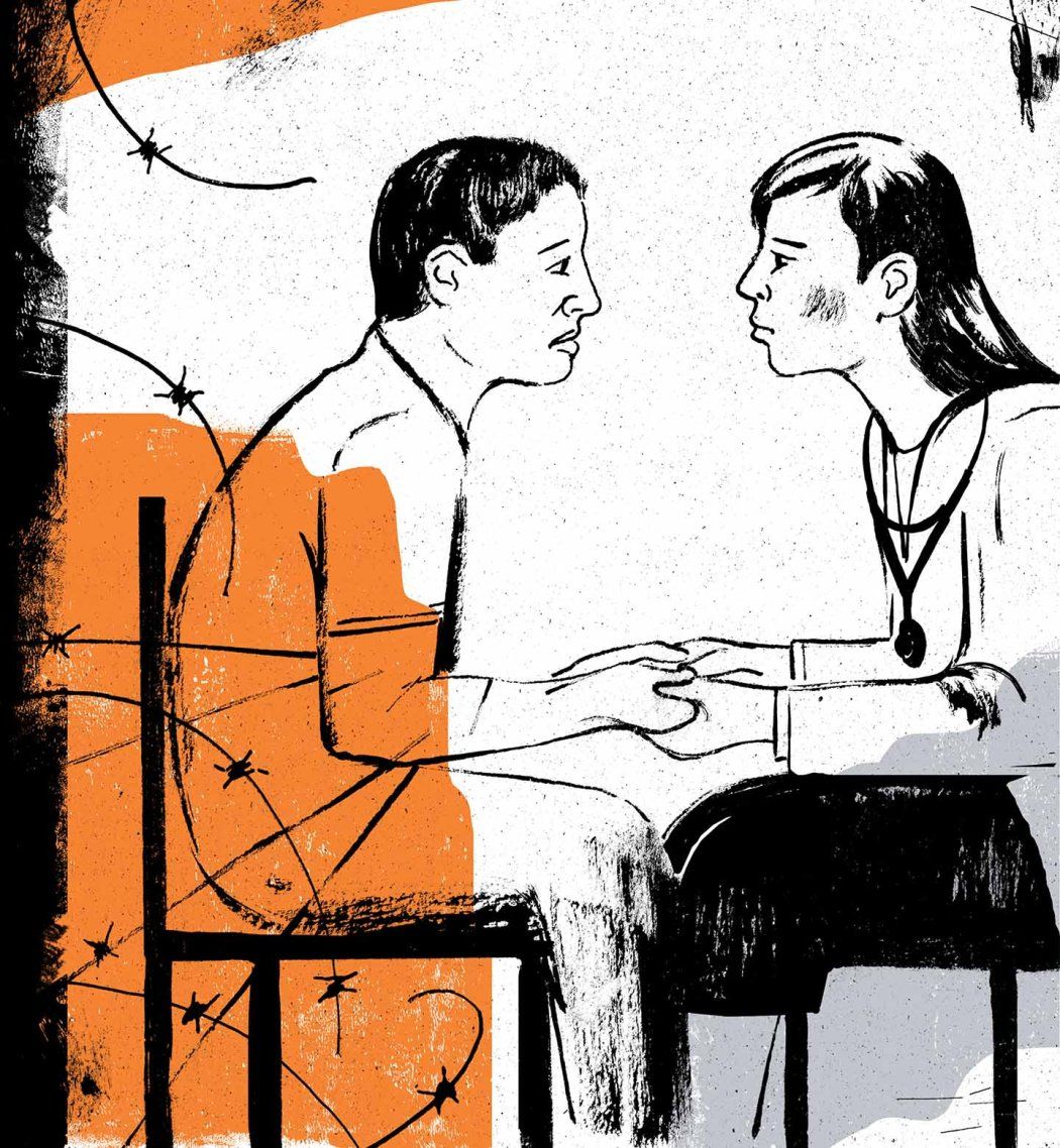 Illustration of a female physician holding a man’s hands. The man has scars on his arms and barbed wire comes from behind his chair.