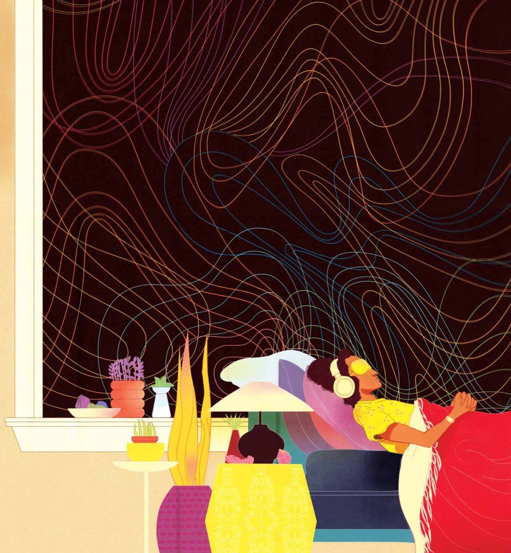 Illustration of a person wearing an eye mask and headphones laying in a bed in front of a window that is filled with swirling lines.