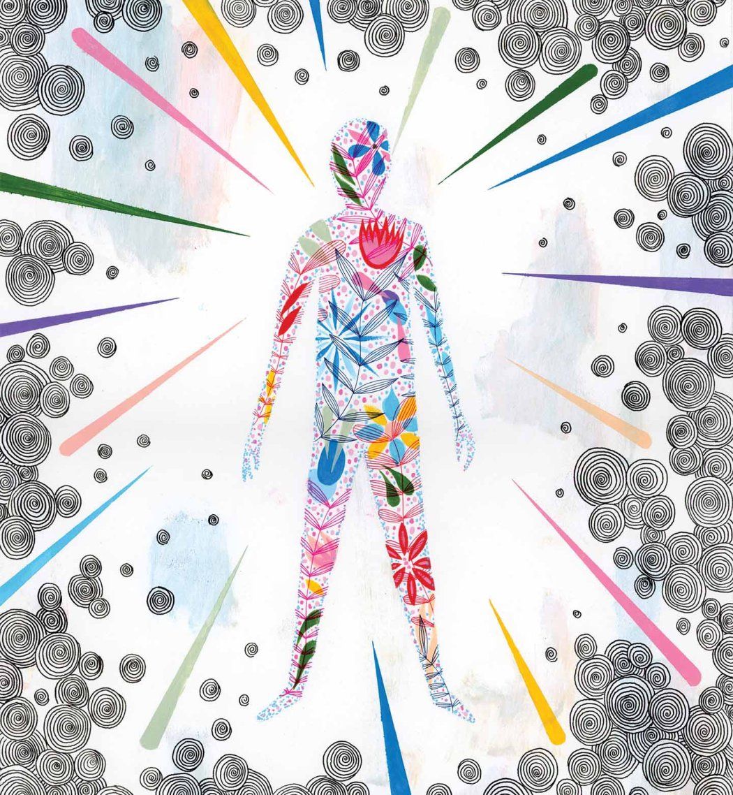 Illustration of a human body made out of flowers with colors radiating from it.