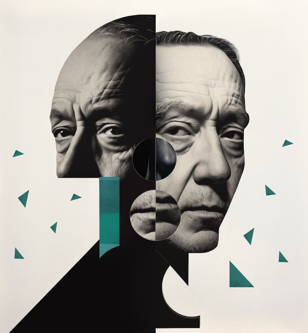Photo realistic collage illustration of an older man, fractured with cut out shapes and half a face of an older version of himself.