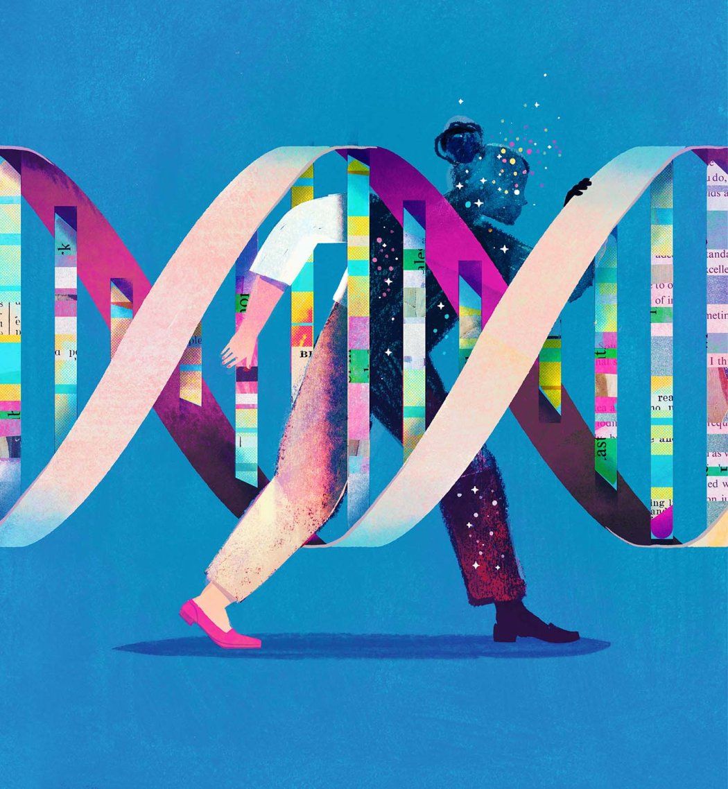 Illustration of a DNA double helix with a woman stepping through the bars. The side of her that has stepped through the bars is a darkened silhouette with stardust coming off of her.