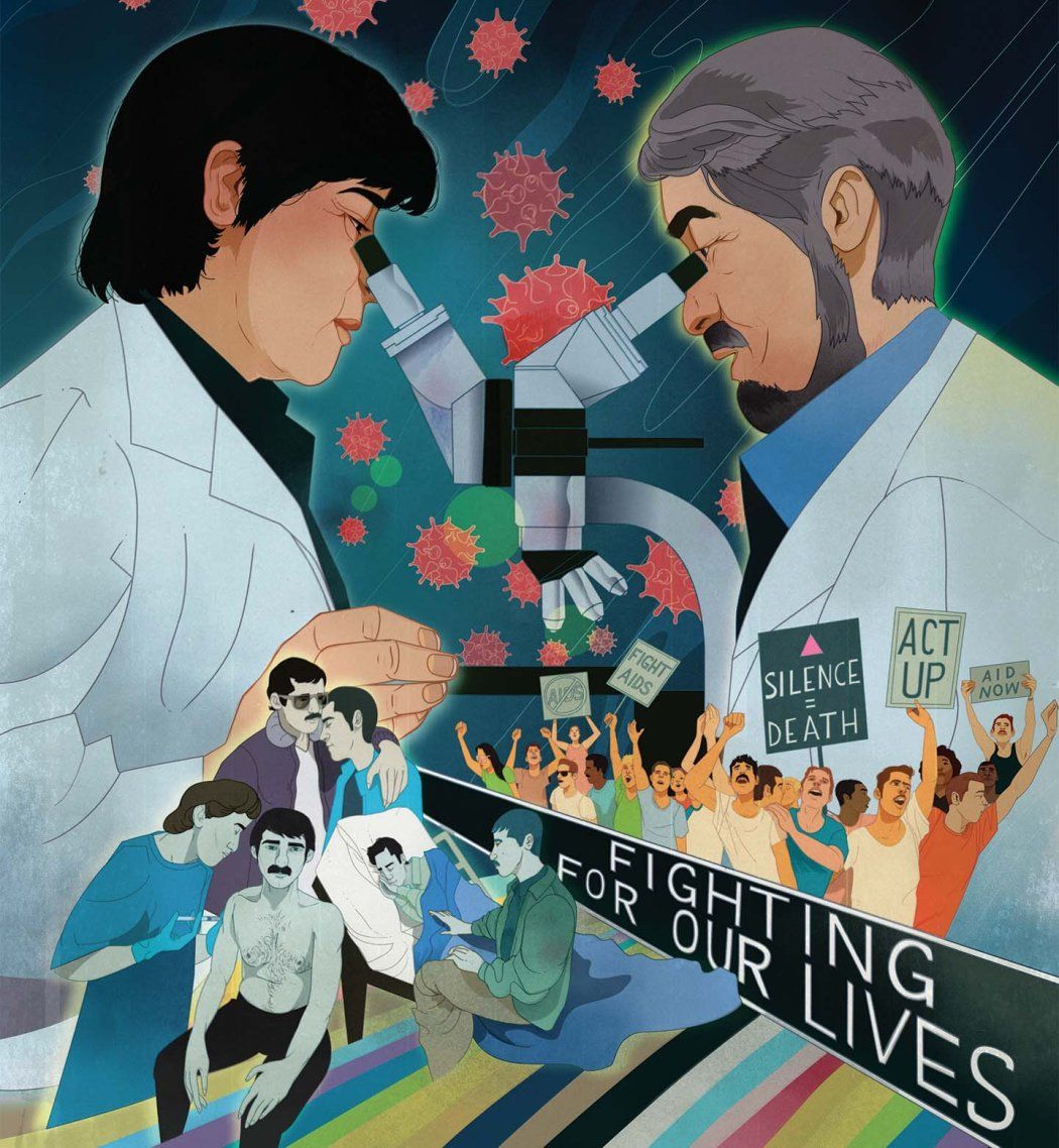 Illustration of two scientists studying viruses under a microscope. Below, activists protest with signs and a rainbow flag. Text on banners read "Fighting for our lives," "Silence=Death," and "Aid now". The scene includes people caring for patients.