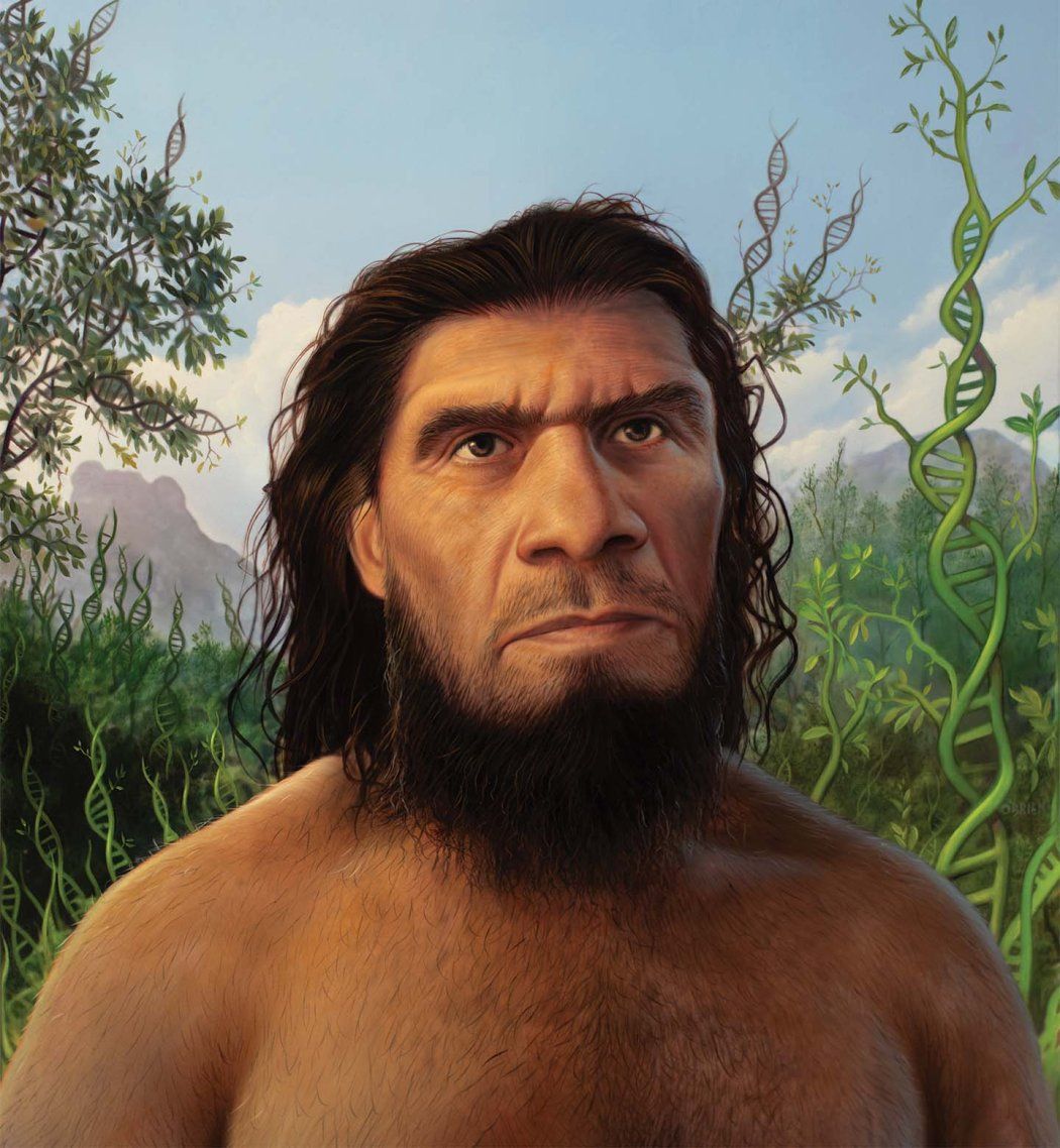 Painting of a bearded Neanderthal man looking contemplative. Behind him are blue skies, clouds, mountains, and greenery. Double-helix DNA strands hide with in the branches, vines, and plants in the background.