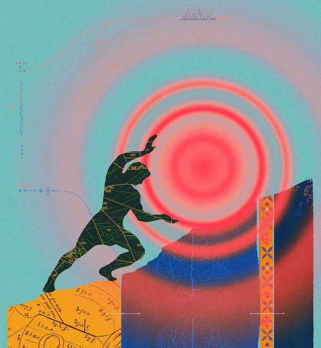 Collage-style illustration of the silhouette of a man pushing a pulsating red dot up a mountain. Collaged diagrams of brains make up the mountain.