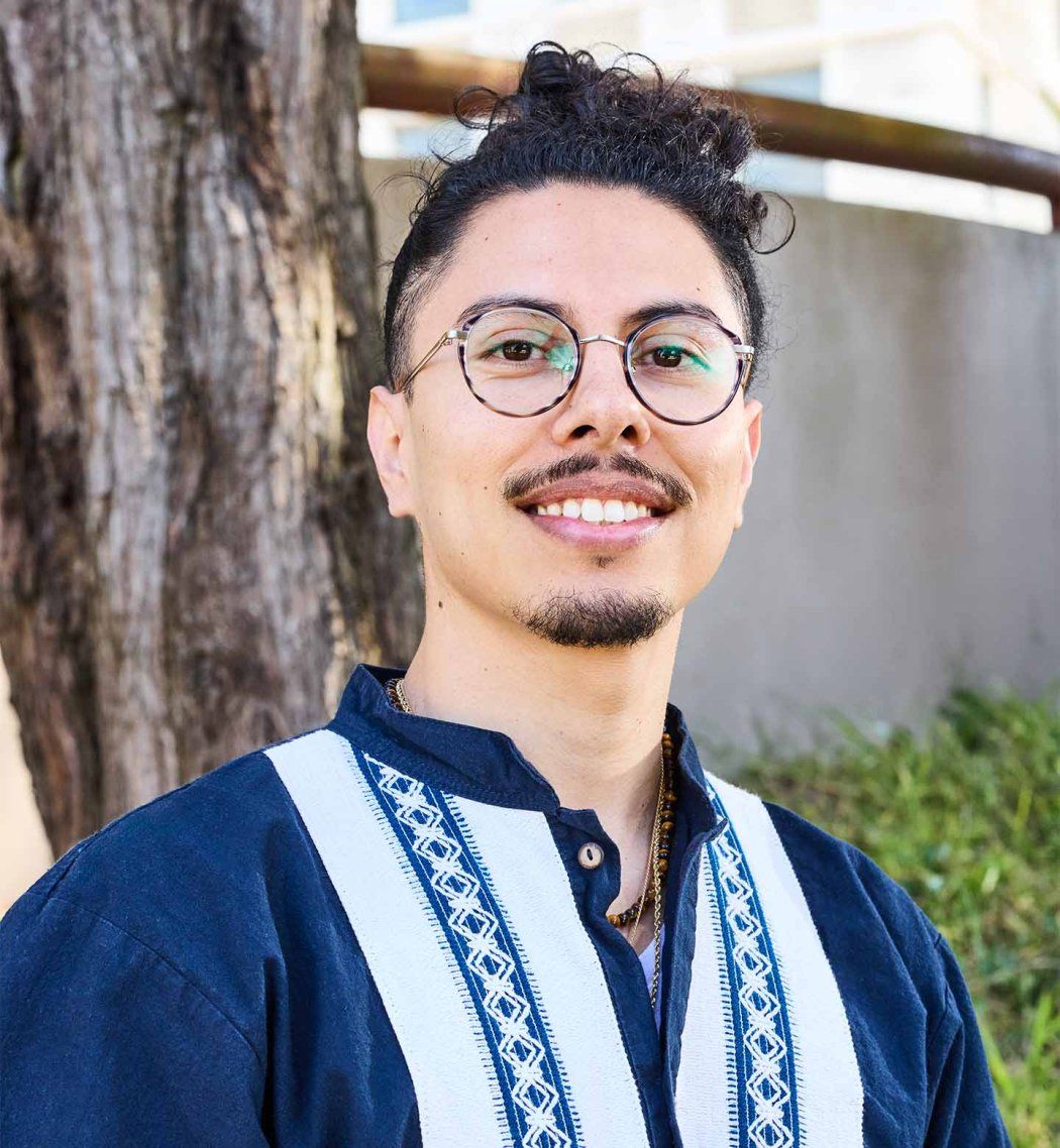 Iván Piña-Cabanillas wears a patterned shirt outdoors at UCSF’s Parnassus Heights campus.