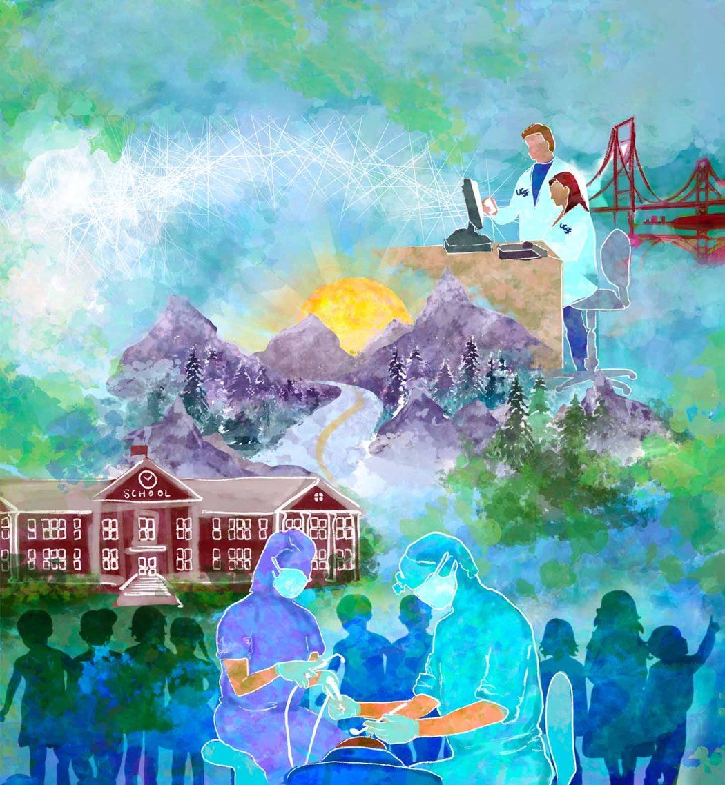 Colorful watercolor, collage-style illustration of a mountain range and a road leading to a red school building. People wearing white UCSF lab coats in the upper right corner look at a computer screen with the Golden Gate Bridge in the background. In the middle foreground, a dentist and dental hygienist perform dental work; in the background are the silhouettes of young school children.
