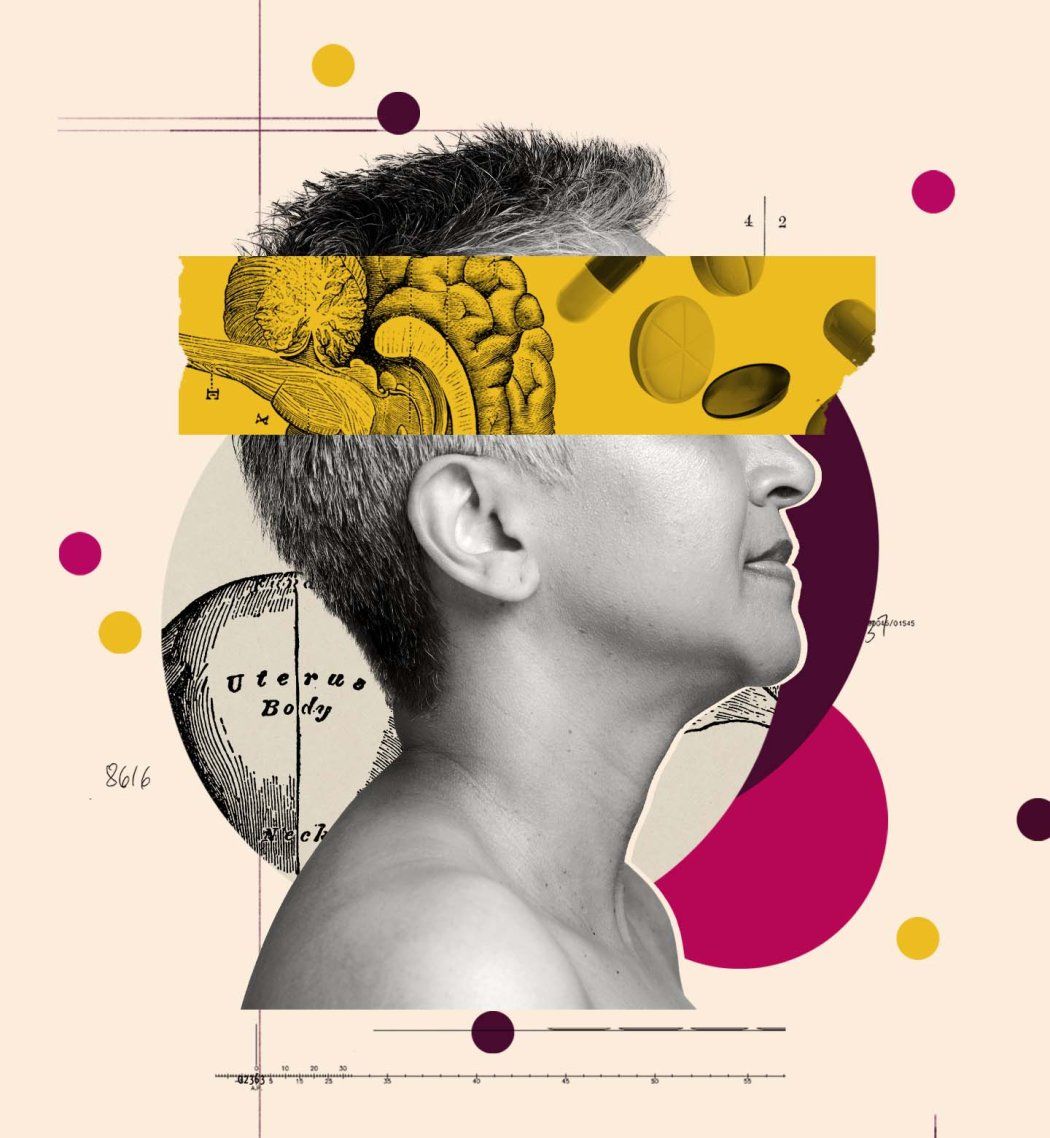 Collage-style photo illustration of the profile portrait of a short-haired person facing right, overlaid with a yellow band across the eyes showing an anatomical brain drawing and floating pills; behind the head are vintage medical illustrations and abstract colored circles on a pale background.