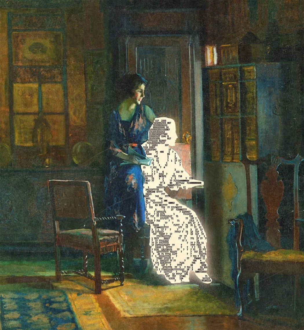 A classical painting of a woman looking out a window, her arms draped behind a second figure of a woman that is a glowing silhouette made of ASCII code numbers.