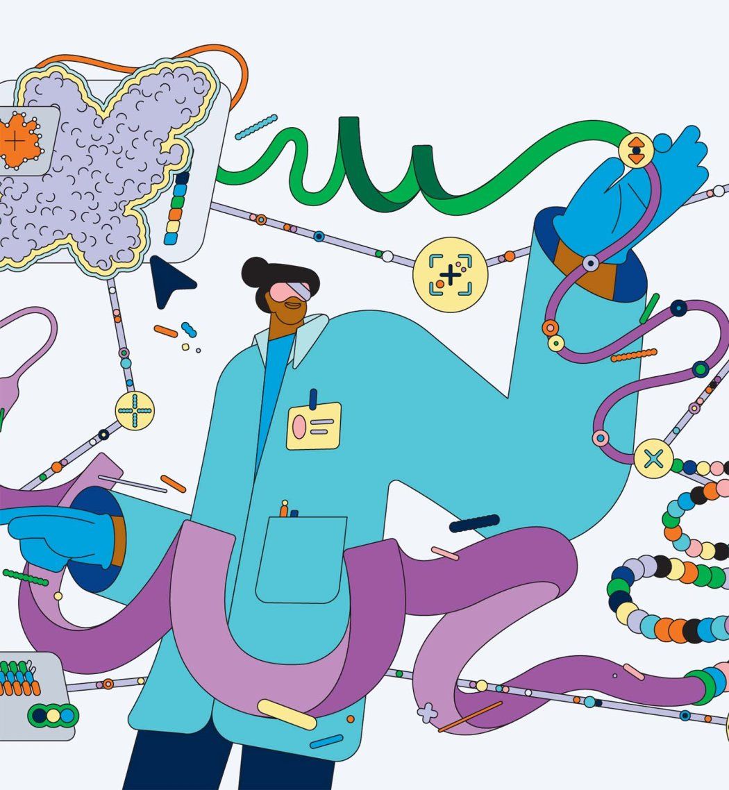 A colorful, flat illustration of a person in a blue lab coat, surrounded by shapes like amino acid chain circles, helical protein structures, and high-tech devices.