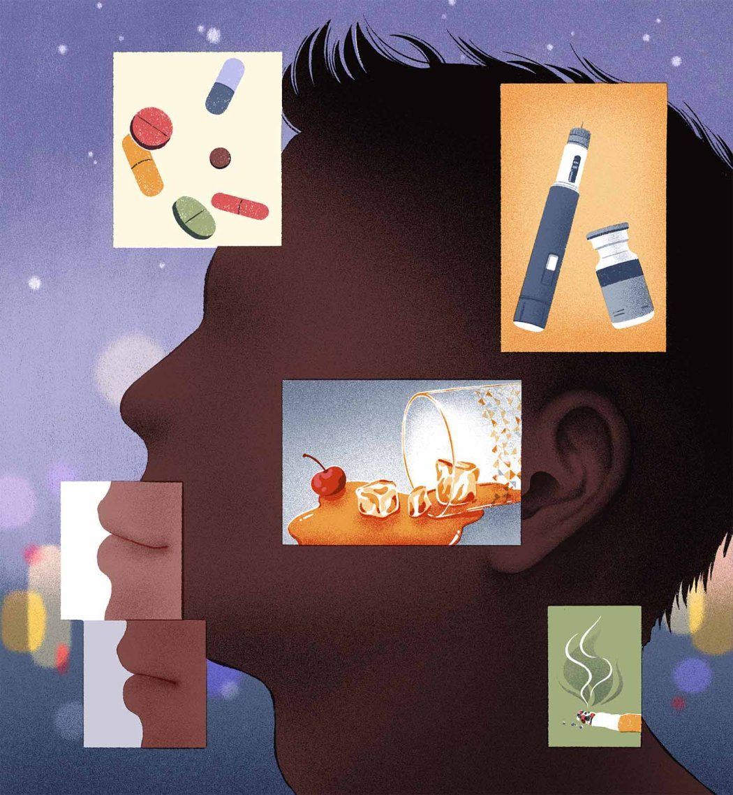A stylized illustration of the side profile of a person with floating images around the head showing pills, a GLP-1 injector pen and medicine bottle, spilled alcoholic drink with ice cubes and a cherry, and a lit cigarette emitting smoke.