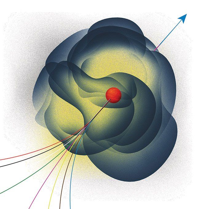 Illustration of an arrow moving through a cloud of plasma, converging from many points to one