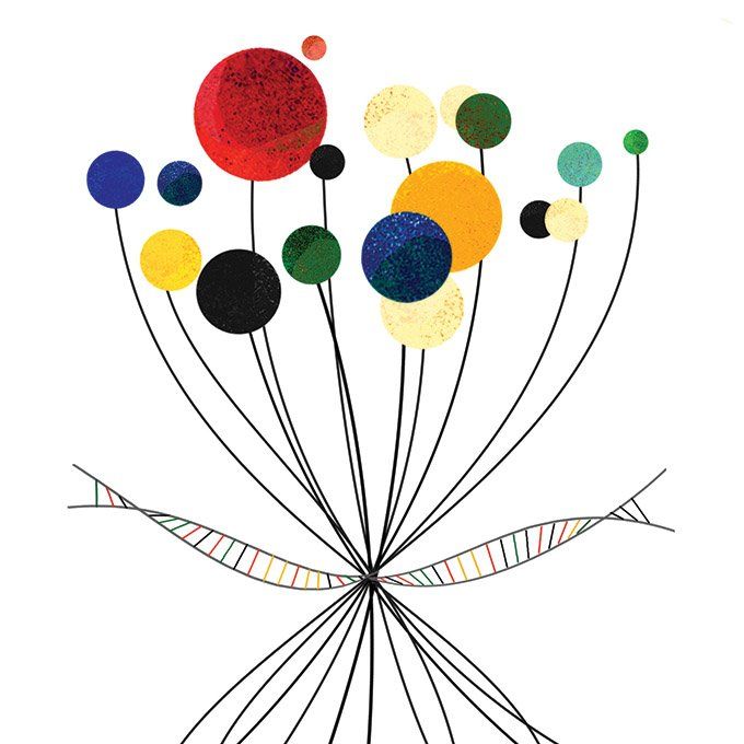 Illustration of a genome sprouting into plants from DNA roots