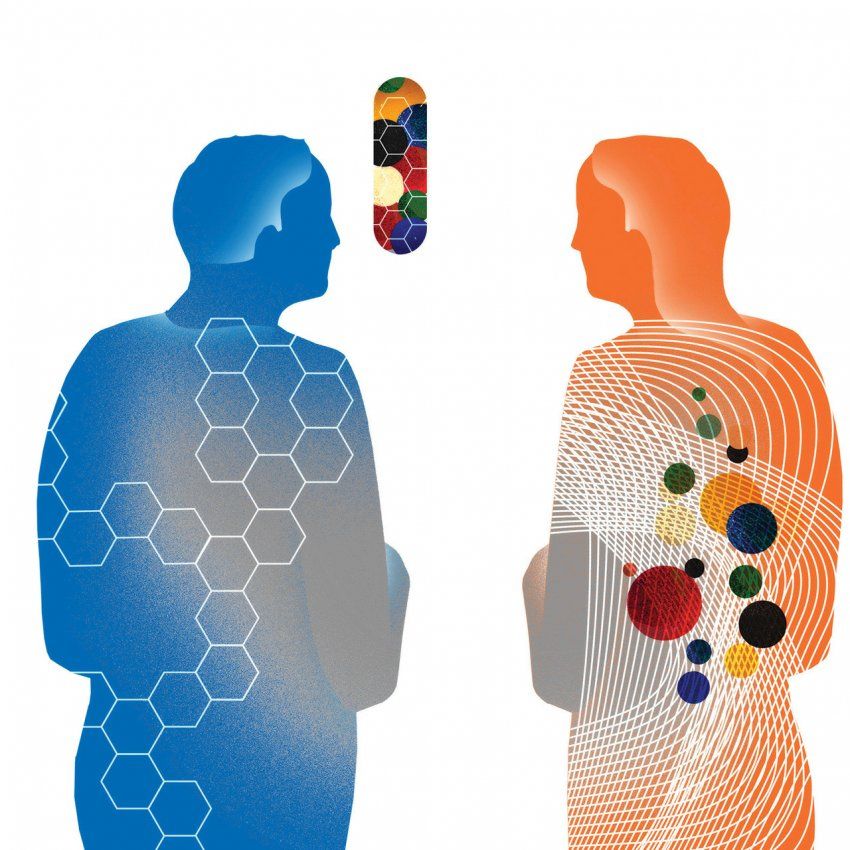Illustration of two figures discussing medication