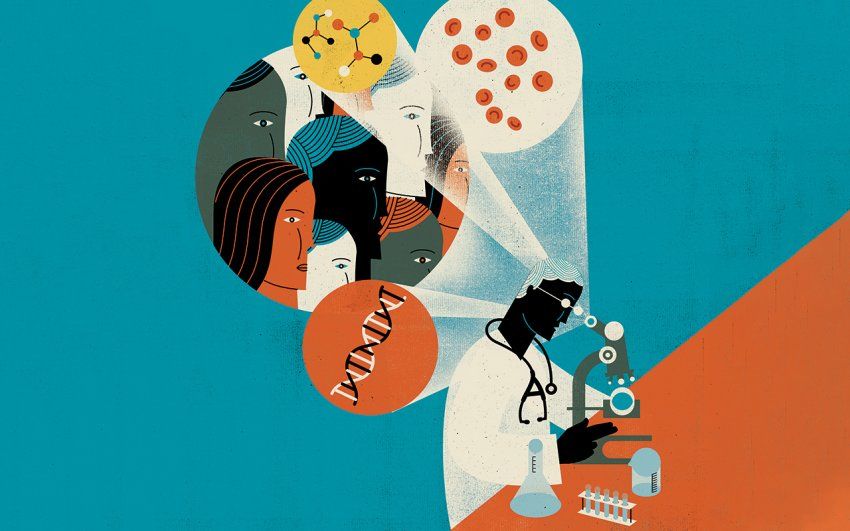 Illustration of a scientist at a microscope with bubbles of people, blood cells, a double helix, and molecules.