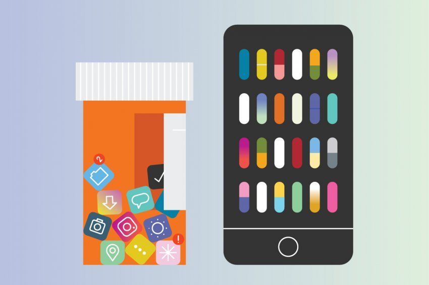 Illustration of a pill bottle with smartphone app symbols in it, and a smartphone with pills on the screen.