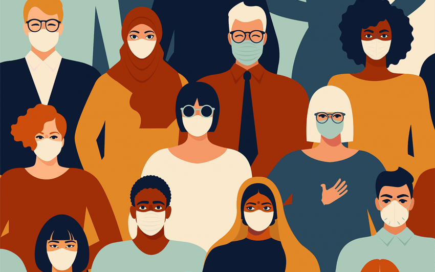 Illustration of crowd of people with masks on.