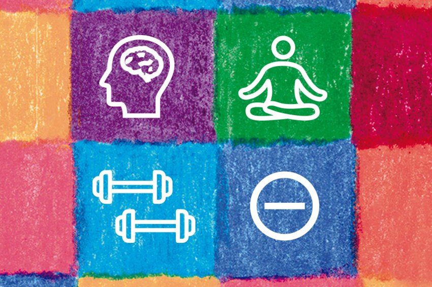 Illustration of a patchwork of colors; in the color patches are 4 icons, clockwise from top left: a head with a brain, a person meditating, two dumbbell weights, a minus sign in a circle.