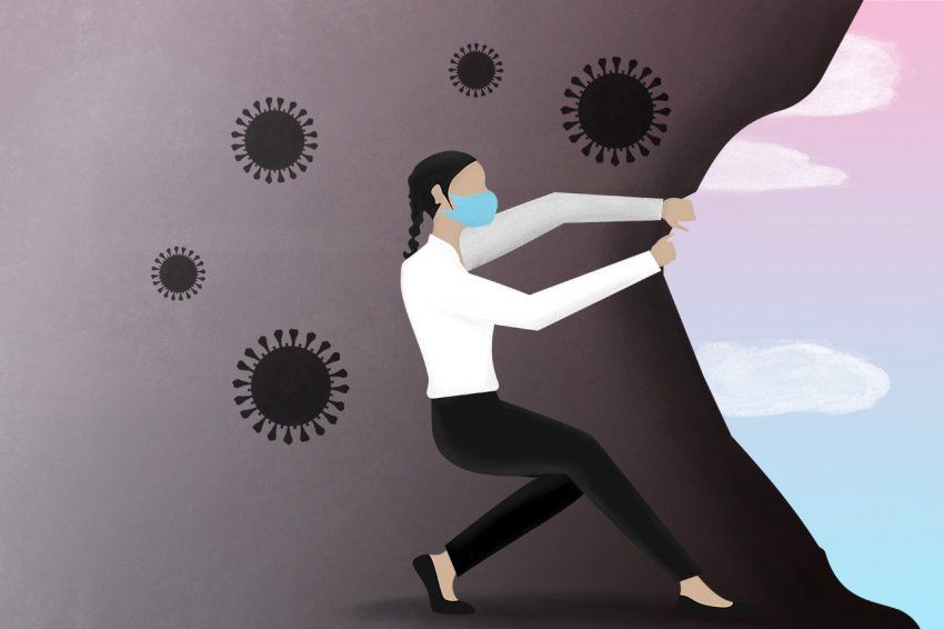 Illustration of a woman in a face mask pulling back a dark shroud with SARS-CoV-2 cells on it; peeking behind the shroud is a pink and blue sky with clouds.