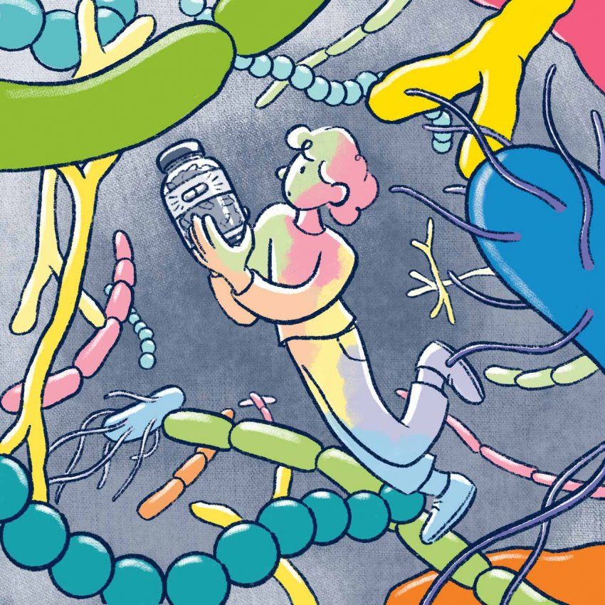 Illustration of a rainbow colored person holding a probiotics pill bottle, floating through a sea of bacterium in the microbiome.