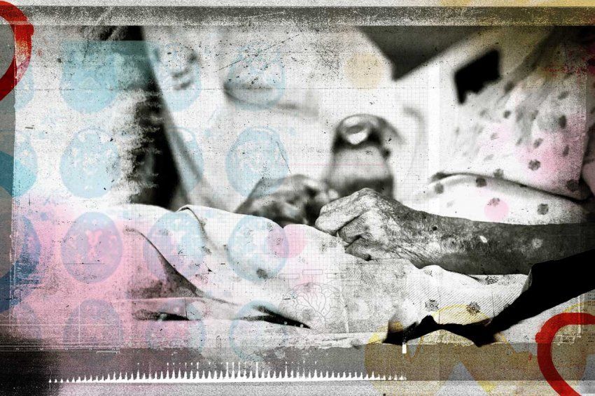 Photo collage of an elderly person’s hands and a doctor in the background; brain scan imaging overlay the photo.