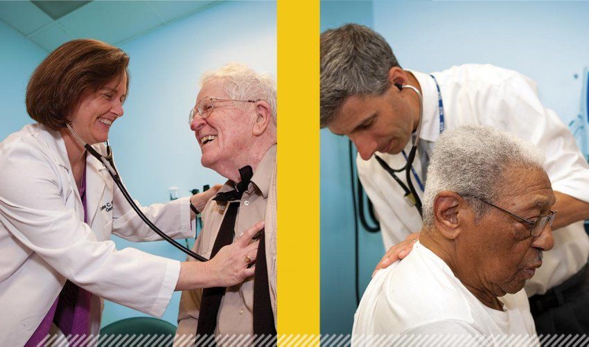 Two photos: left, Louise Walter listens to an elderly man’s heart with a stethoscope; right, Michael Steinman listens to the lungs of an elderly patent.