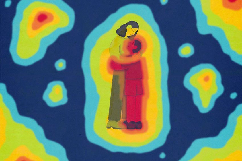 Illustration of a mother hugging a child in a colorful heat map.