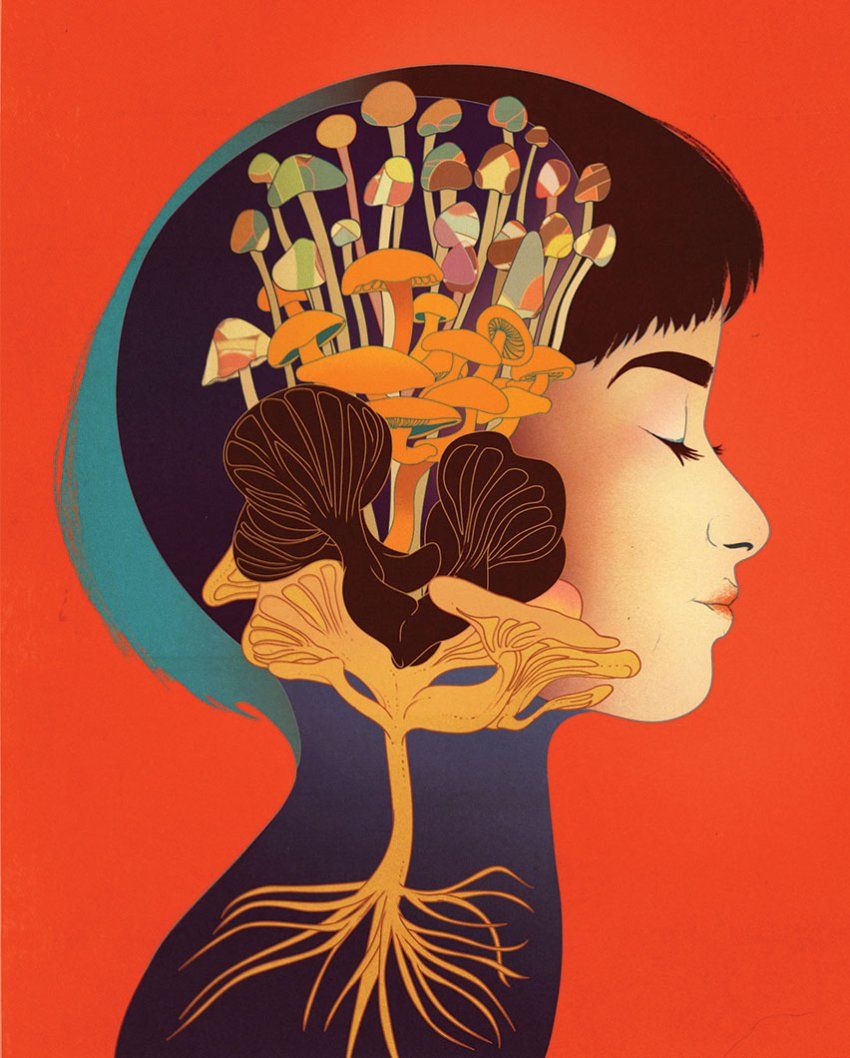 Illustration of the profile of a woman; inside her mind are blooming mushrooms.
