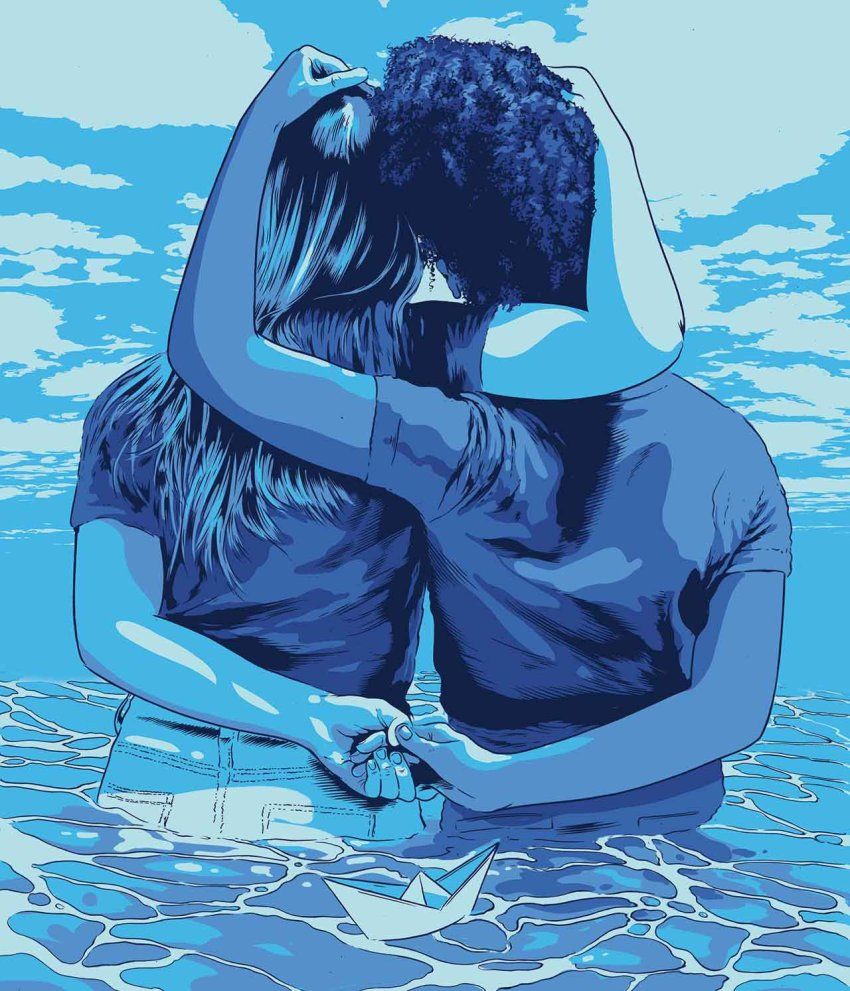 Illustration of the backs of two teenage girls with their arms intertwined, standing in the ocean. 