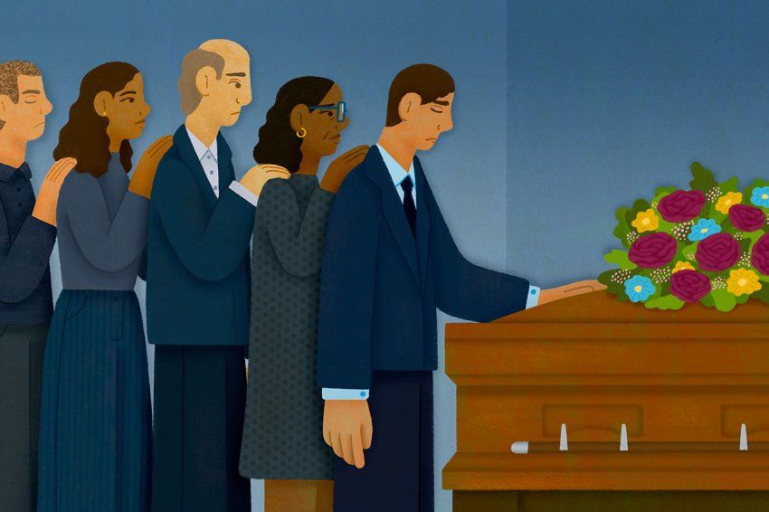 Illustration of a man with a sad expression at a funeral with his hand on a coffin with flowers; a group of people stand behind him with their hands on each other’s shoulders.