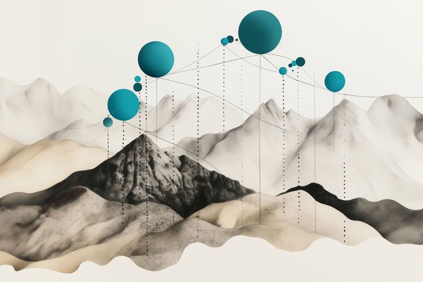 Surreal photo collage of mountain peaks with lines and floating spheres above.