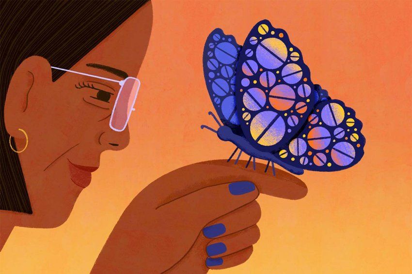 Illustration of an woman with glasses with a butterfly perched on her finger. The butterfly’s wings are patterned with purple, pink, and yellow pills.