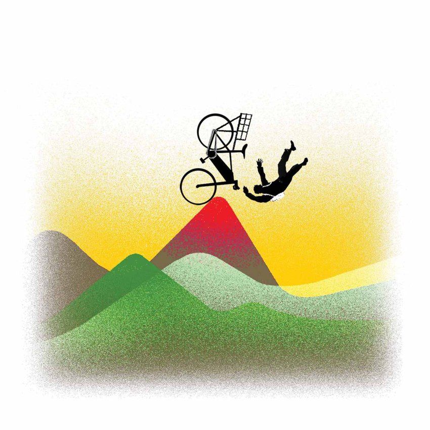 Illustration of the silhouette of a cyclist flipped upside down, falling from a bicycle against a backdrop of stylized, colorful rolling hills with a vibrant yellow sky.