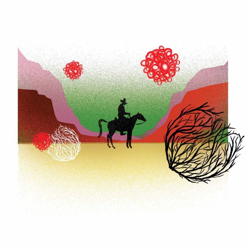 Illustration of the silhouette of a cowboy riding a horse in a colorful desert landscape with red rock formations and vibrant sky. Surreal floating red spheres representing fungi and graphic tumbleweeds surround them.