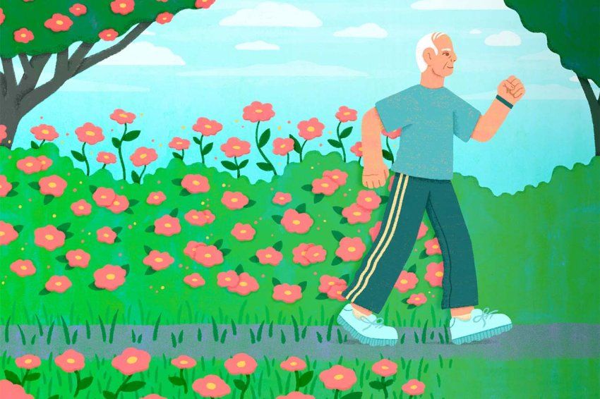 Illustration of an older person with white hair walking along a path surrounded by pink flowers and greenery under a blue sky.