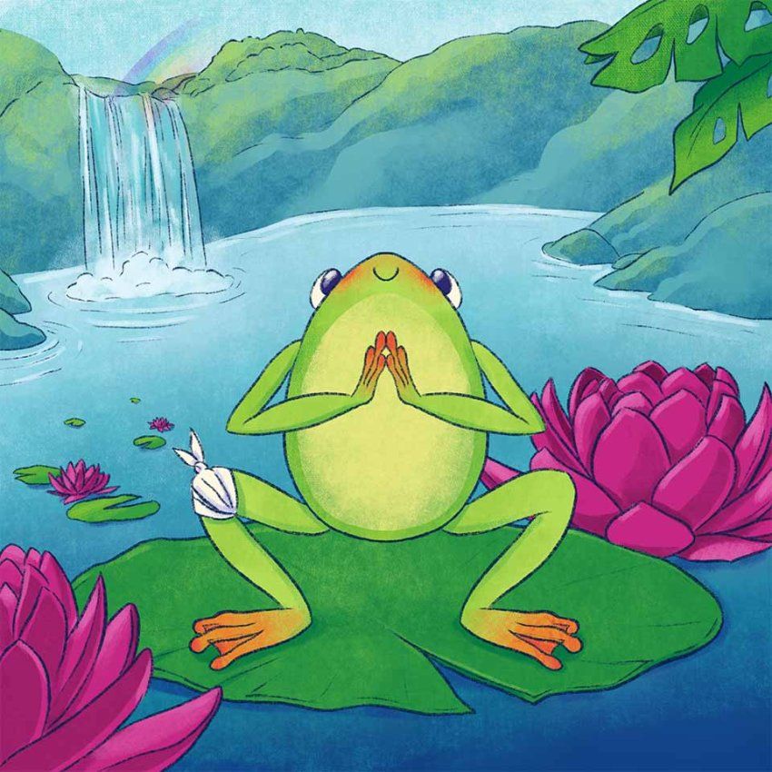 A cartoon frog squats on a lily pad, with hands together in a meditative pose. A bandage is on its knee.