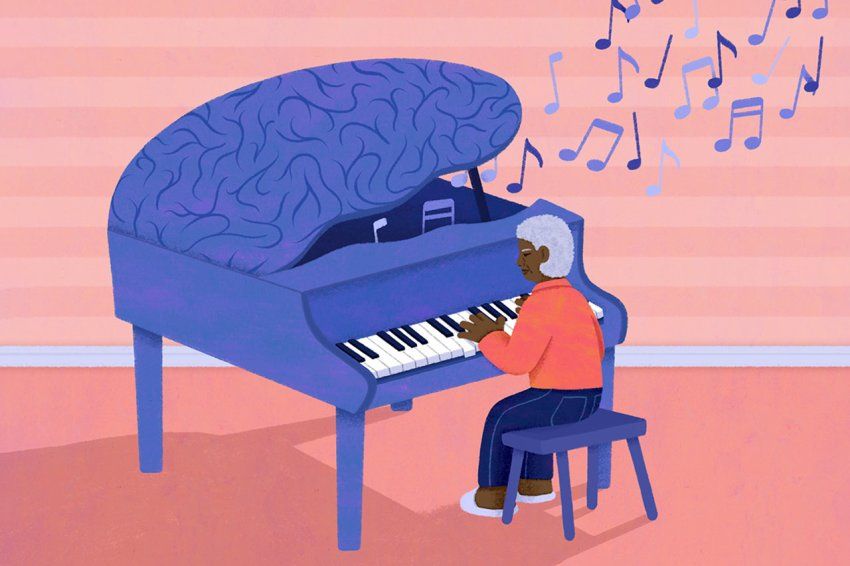 Illustration of an older woman playing a brain-shaped piano.