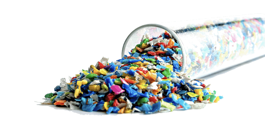 A test tube with small colorful pieces of crushed plastic.