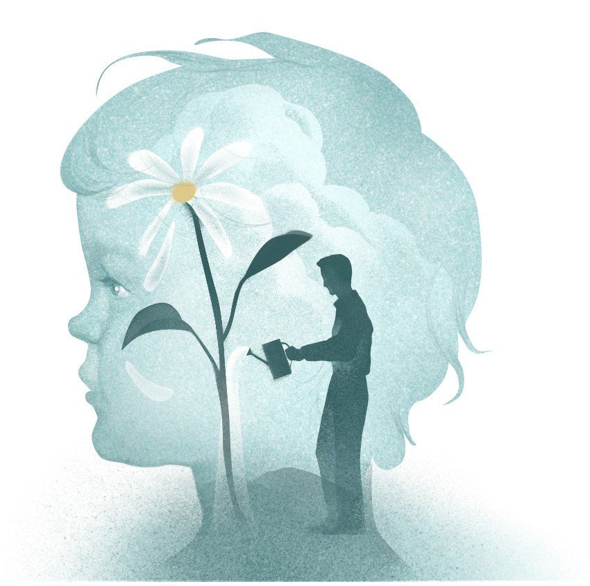 Illustration of the profile of a young child's head. Inside a flower grows as a caregiver waters the plant.