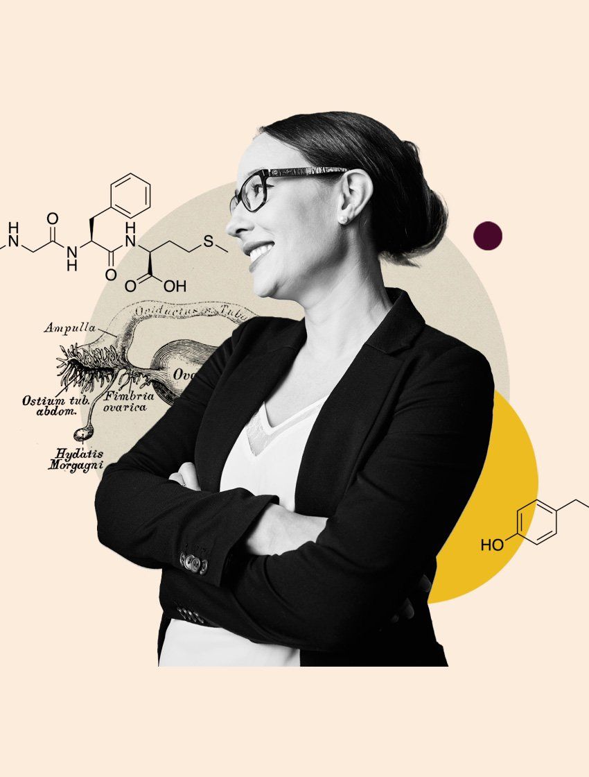 Portrait of Élora Midavaine smiling and looking to the left, wearing a black blazer, set against a pale background with overlaid hormone chemical diagrams, vintage anatomical illustrations, and abstract colored circles.