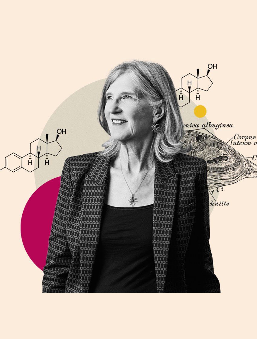 Portrait of Holly Ingraham smiling and looking to the left, wearing a patterned blazer and necklace, set against a pale background with overlaid hormone chemical diagrams, vintage anatomical illustrations, and abstract colored circles.