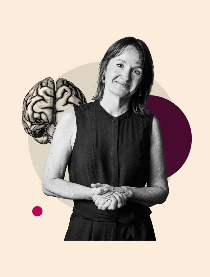 Portrait of Riley Bove smiling and with her arms clasped, wearing a black top, set against a pale background with overlaid a vintage anatomical illustration of a brain, and abstract colored circles.