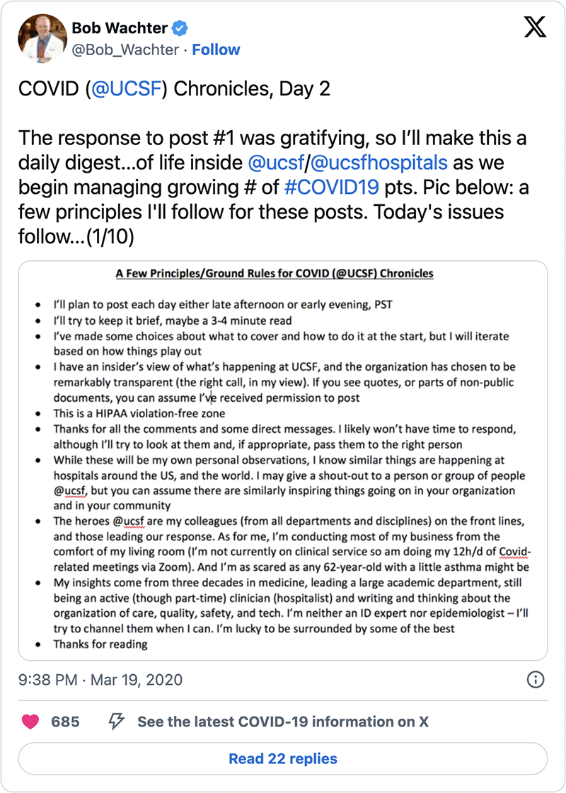 Screenshot of an X (formerly Twitter) post by Bob Wachter dated March 19, 2020, titled “COVID (@UCSF) Chronicles, Day 2.” The post explains that he will publish daily updates about life inside UCSF and UCSF Hospitals as they manage a growing number of COVID-19 patients, and introduces a set of principles for the series, shown in an embedded image outlining posting cadence, transparency, and perspective.