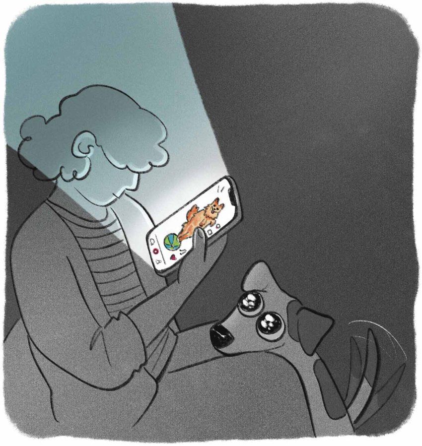 Illustration of a person in a dark room looking at a smartphone screen showing a small dog doing tricks; a large dog sits at their feet, head in their lap, and looks up at them with puppy-dog eyes, ignored.
